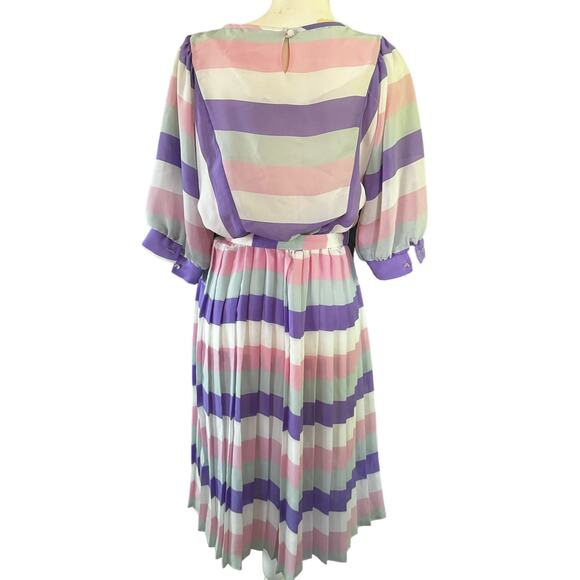 VINTAGE 1980'S Mannitte Belted Dress with Balloon Flouncy Sleeve Belted Waist - Picture 1 of 6